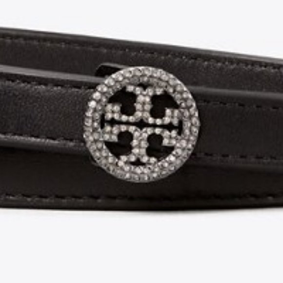 Tory Burch Skinny Embellished Logo Belt Black Rhinestones Crystals Leath⦠- Picture 8 of 13